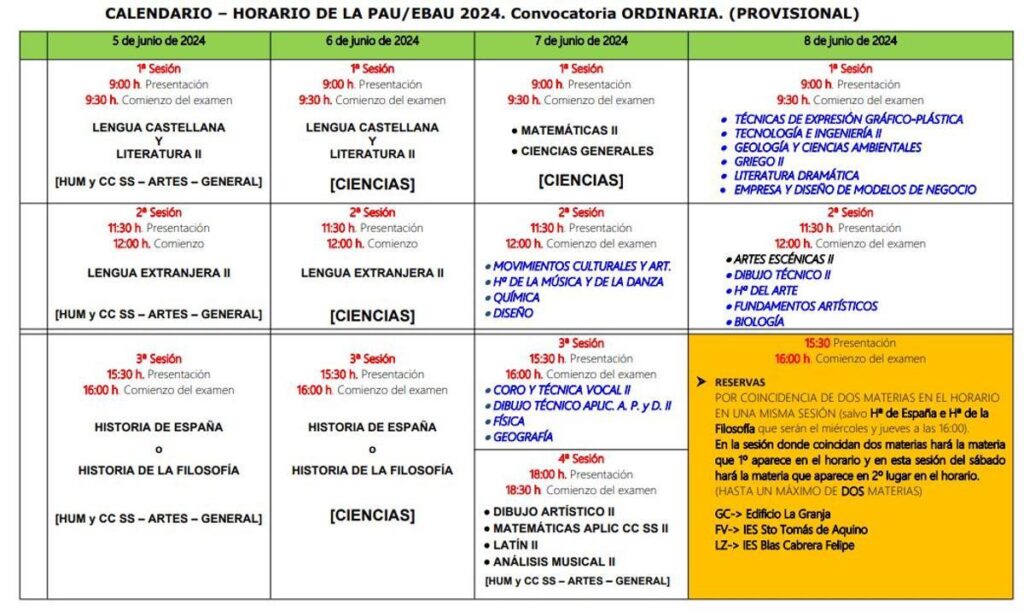 examenes ebau canarias 2025 fechas y estructura de las pruebas