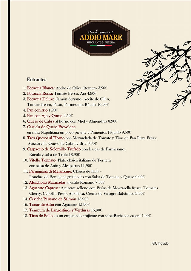 addio mare 7 palmas menu y precios